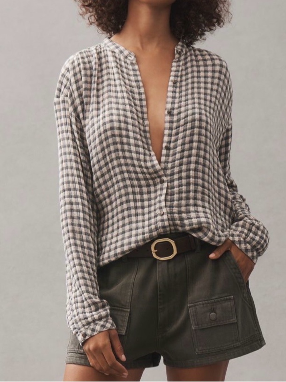 Anthropologie Beige and Black Checked Button-Front Top - Picture 4 of 9
